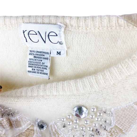 Vintage Reve Ivory Lambswool Rabbit Hair Angora Embroidered Sweater Size Medium - Picture 5 of 9